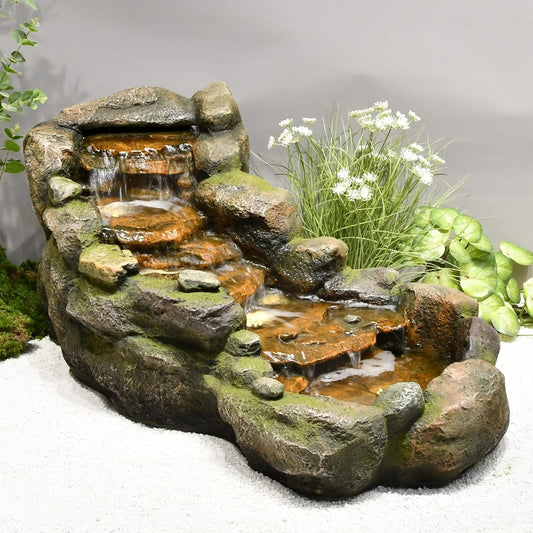 Garden Outdoor Water Fountain, 42.1" L Floor Standing Tiered Rock Outdoor Fountains with LED Lights and Pump for Garden, Backyard, Deck, Patio, Porch and Home Art Decor