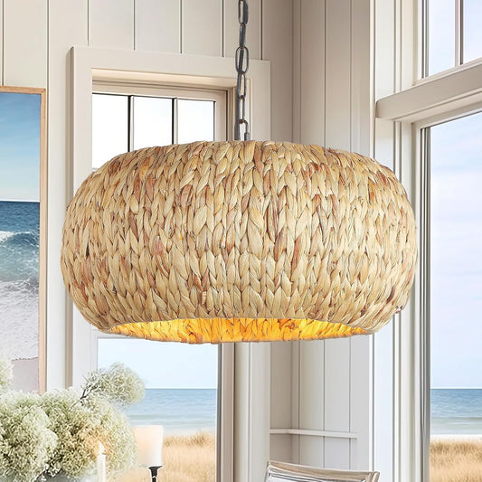 Hand-Woven Boho Pendant Light, 17.7" 5-Light Bohemian Rattan Lighting Fixture Natural Weaving Hanging Ceiling Light Coastal Wicker Chandelier for Kitchen Island Living Dining Room Restaurants