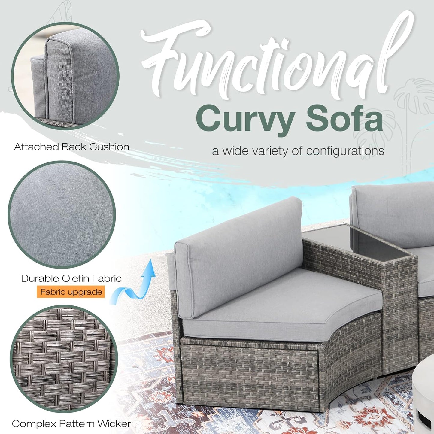 SUNSITT Outdoor Patio 8-Piece Half Moon Curved Furniture Sofa Set Grey Wicker Sectional Sofa Grey Cushions with 2 Side Table