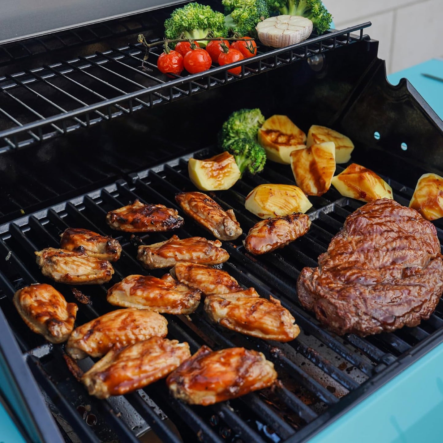 Monument Grills 2-Burner Stainless Steel Liquid Propane Gas Patio Garden Barbecue Grill with Clearview® Lid, Knob Control and Two Foldable Shelves Mesa200G with BBQ Cover, Green