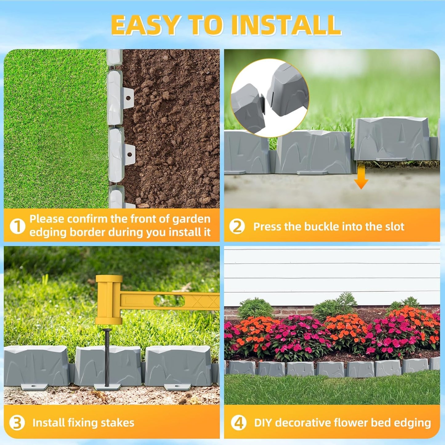 16 Pack(24FT) Landscape Edging w/ 48 Spikes | Flexible Plastic Border for Outdoor, Walkway, Lawn & Weed Control | 24" L x 3" H Faux Stone Edging for Landscaping,Garden Edging Border Stone(Gray) ﻿﻿