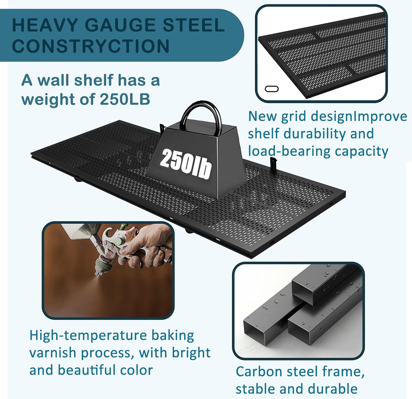 New 2 Pack Garage Wall Shelving, Heavy Duty 1.5' x 3.8' Wall Mount Storage Shelf with Hooks, Garage Storage Rack Floating Shelves, Holds 250 lbs Each