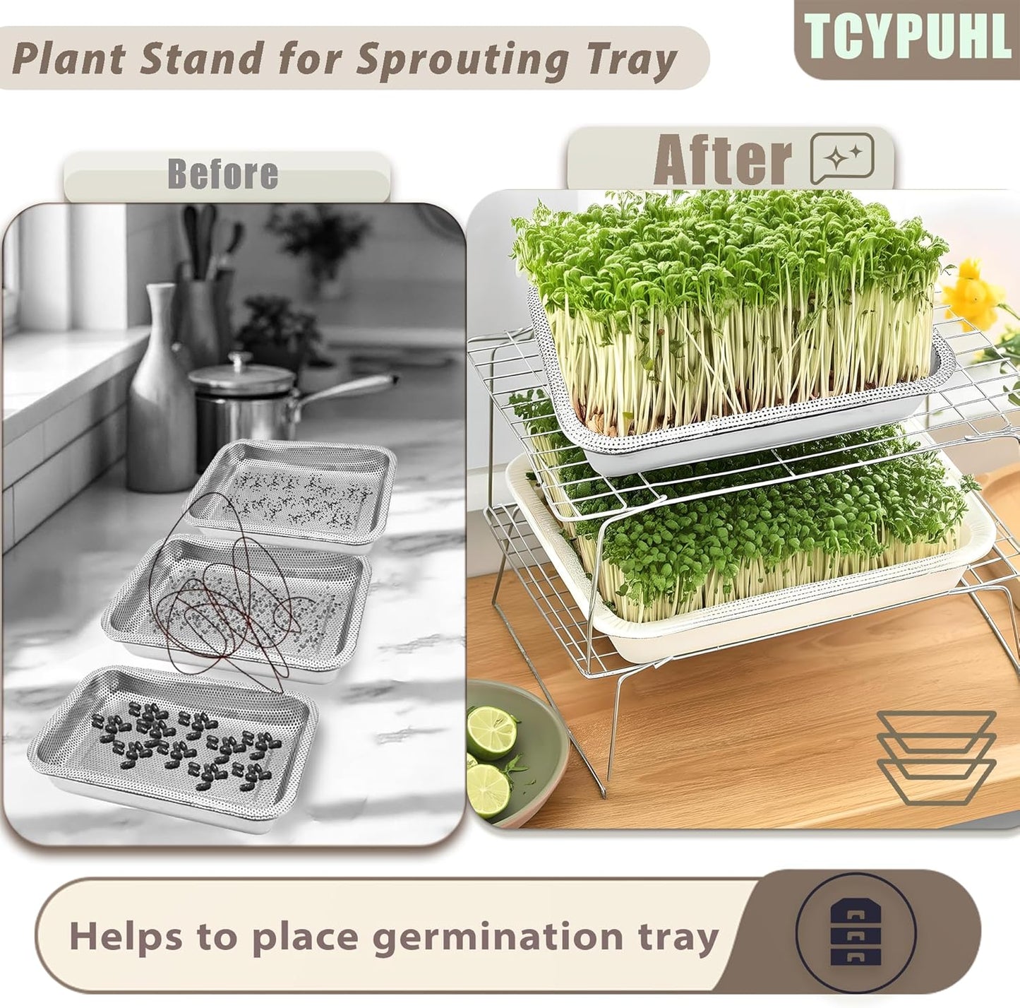 Sprouts Growing Rack 4-Tier 14 inch Shelf, Metal Foldable Plant Stand for Sprouting Tray Indoor, Seed Starting Tray Plant Shelf, Silver Rack for Kitchen Table Top Space Saving
