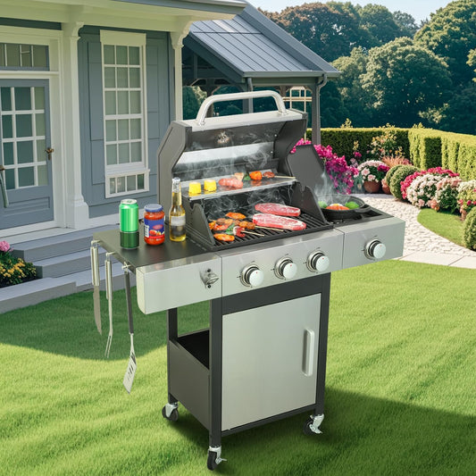 3-Burner Propane Gas Grill with Side Burner, 25,650 BTU Outdoor BBQ Grill with Stainless Steel Warming Rack, Enameled Cooking Grids, Built-in Thermometer & Foldable Side Tables with 6" Wheels
