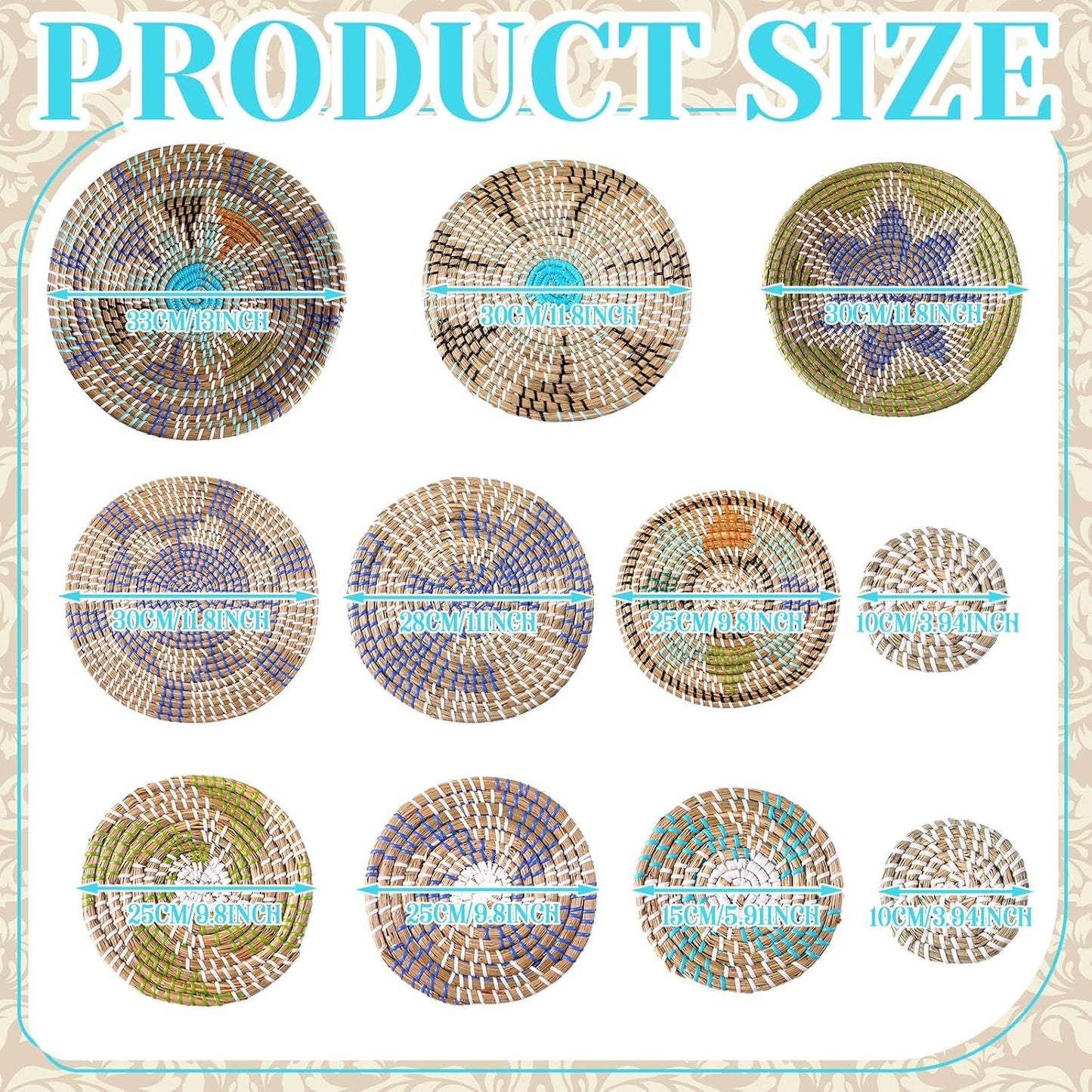 Tatuo 11 Pcs Boho Wall Basket Decor Decorative Bulrush Woven Basket Wall Decor Art Round Farmhouse Hanging Baskets for Kitchen Rustic Home Summer Decorations, Multi Sizes(Multicolour)