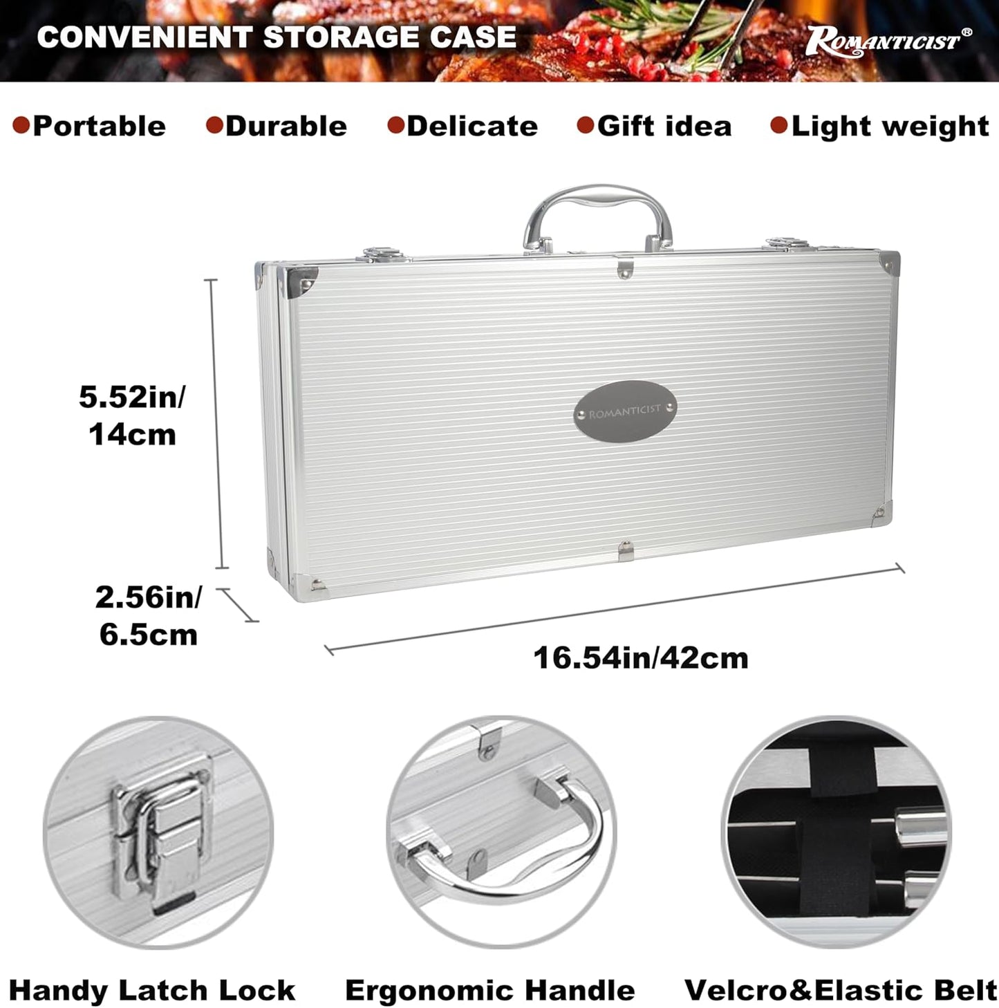 ROMANTICIST 20pcs Heavy Duty BBQ Grill Tool Set in Case - The Very Best Grill Gift for Father's Day and Christmas - Professional BBQ Accessories Set for Outdoor Cooking Camping Grilling Smoking, Black