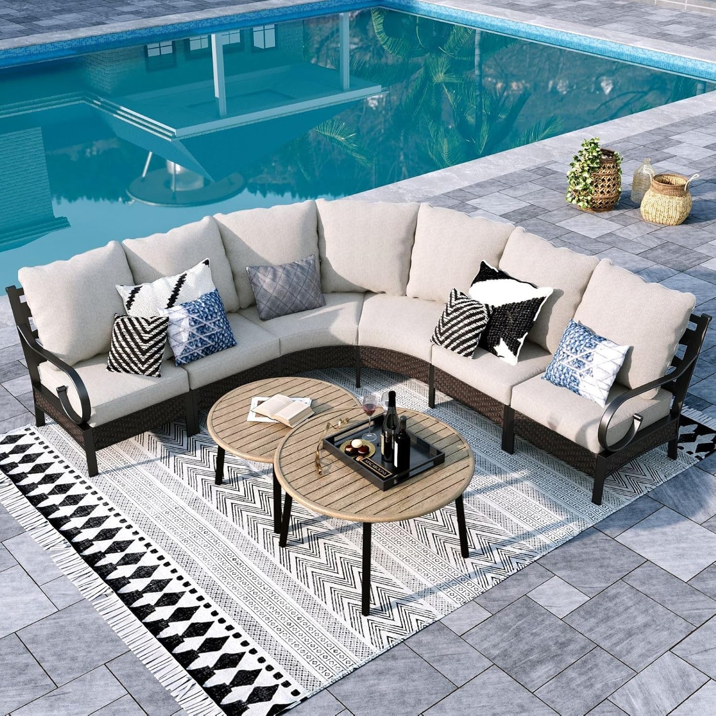 Sophia & William Half-Moon Patio Furniture Set, Curved Outdoor Sofa for 6 with Coffee Table, Rattan Sectional Sofa Outdoor Conversation Sets,Beige