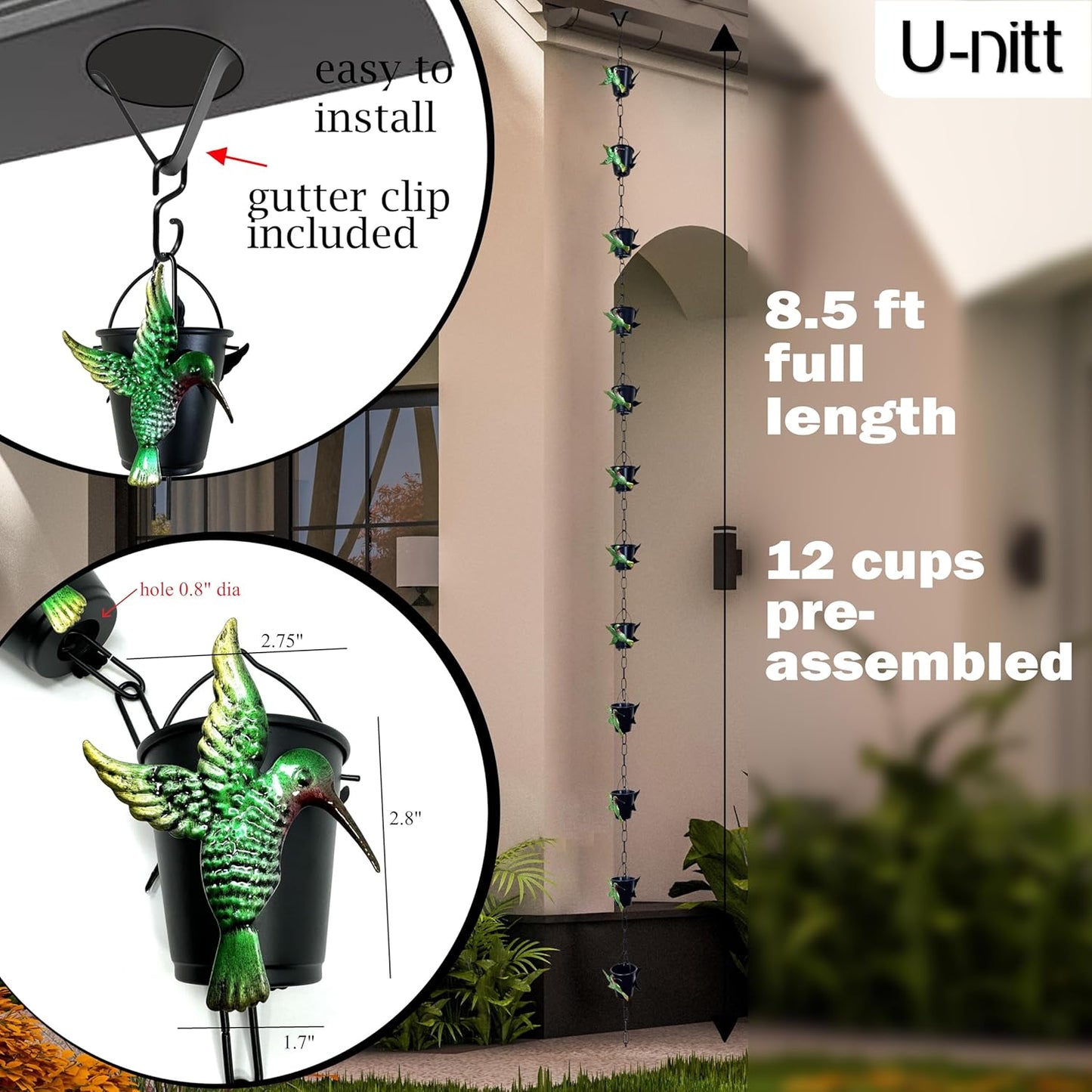 U-nitt Rain Chain Water Collection for Gutters, Rainwater Catcher & Diverter, 8.5 FT Chains for Outside Garden, Bird Bucket Cups, Roof Downspout, Works with Heavy Rain, w/Gutter Clip for Rainchains