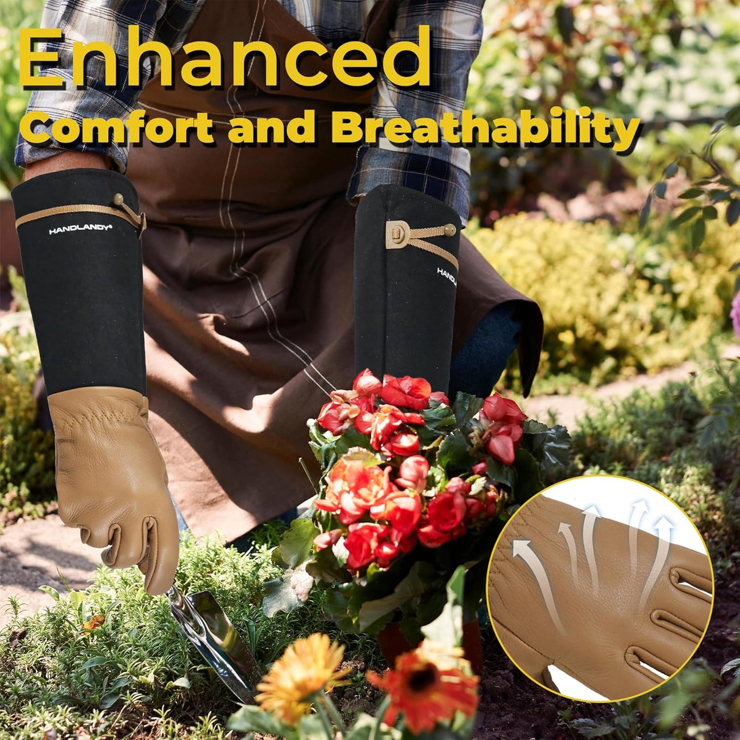 HANDLANDY Long Gardening Gloves for Men & Women, Cowhide Leather Rose Pruning Gloves, Breathable Thorn Proof Gauntlet Glove (Brown-Cowhide, XL)