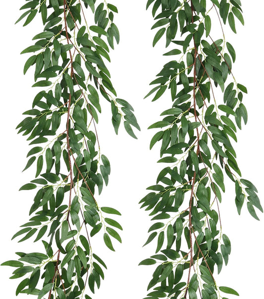 RECUTMS Artificial Willow Leaves Vine Twigs 2Pcs 5.7Ft Fake Hanging Ivy Plants Silk Green Leaf Rattan Garland Greenery Decor for Indoor Outdoor Home Wedding Arch Jungle Beach Birthday Party Garden