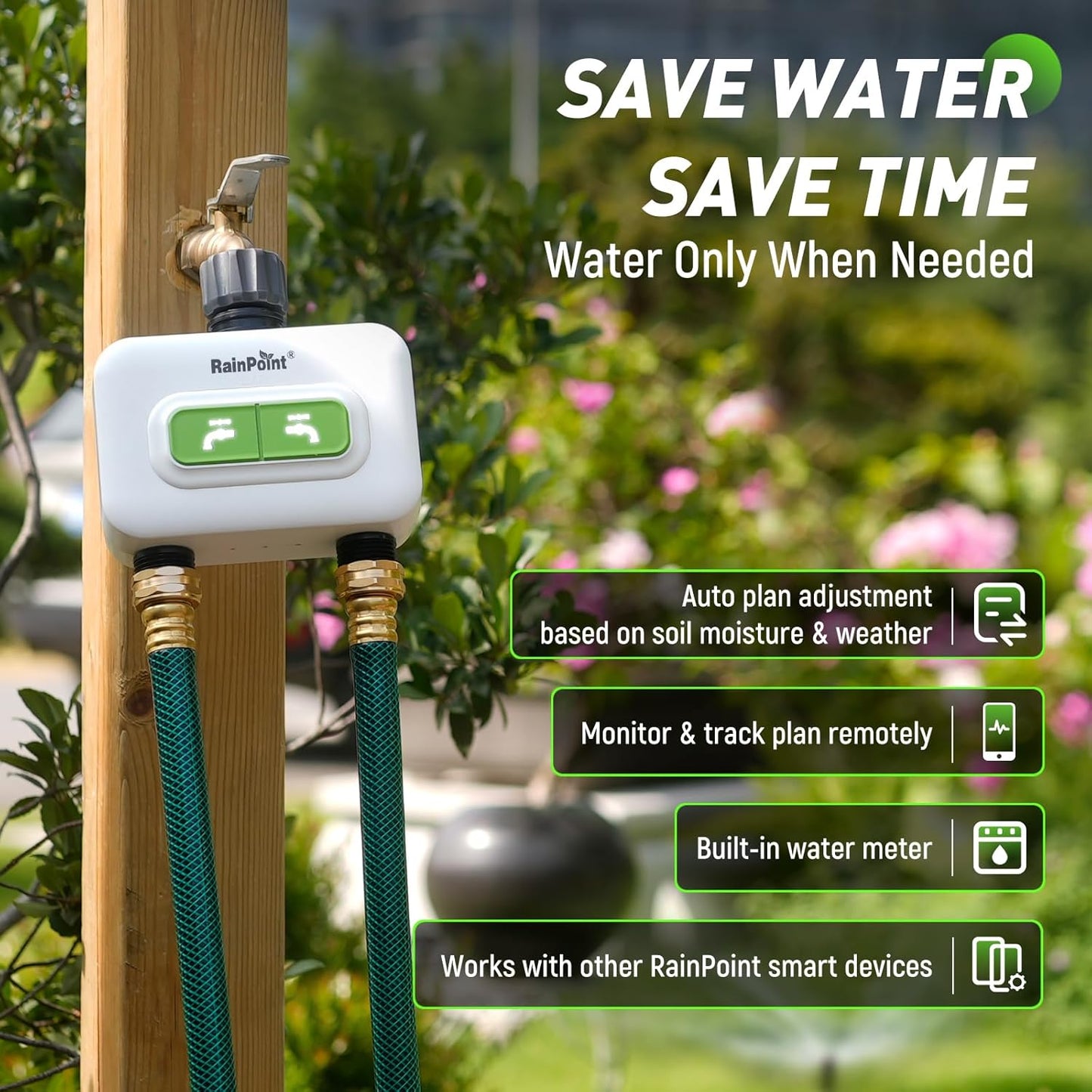 RainPoint 2-zone Wireless Smart Water Timer with Hub for Outdoor Irrigation Rain Delay, APP Remote Control WiFi Watering Timer for Garden Faucet with 2 Outlets Automatic Schedules for Lawn,Garden,Yard