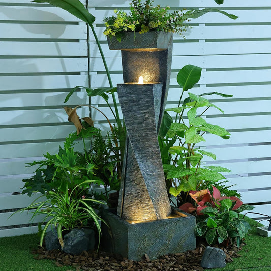 Garden Modern Outdoor Fountain, 47.2" Floor Standing Outdoor Water Fountains with Lights for Garden, Backyard, Patio, Porch, Deck and Home Art Decor