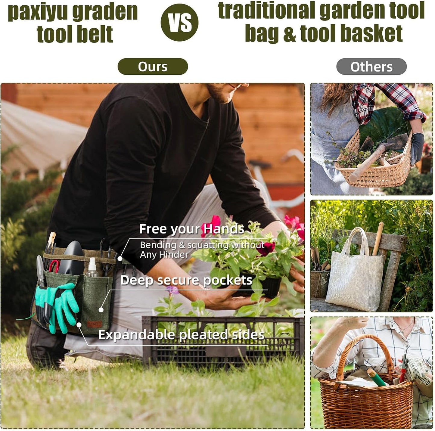 Garden Tool Belt for Men & Women, Denim Wide Adjustable 5-Pocket Waist Garden Apron - Heavy Duty Tool Pouch for Gardening, DIY, Carpenter, Woodworking, Painting, Seamstress, and Crafts (Green)