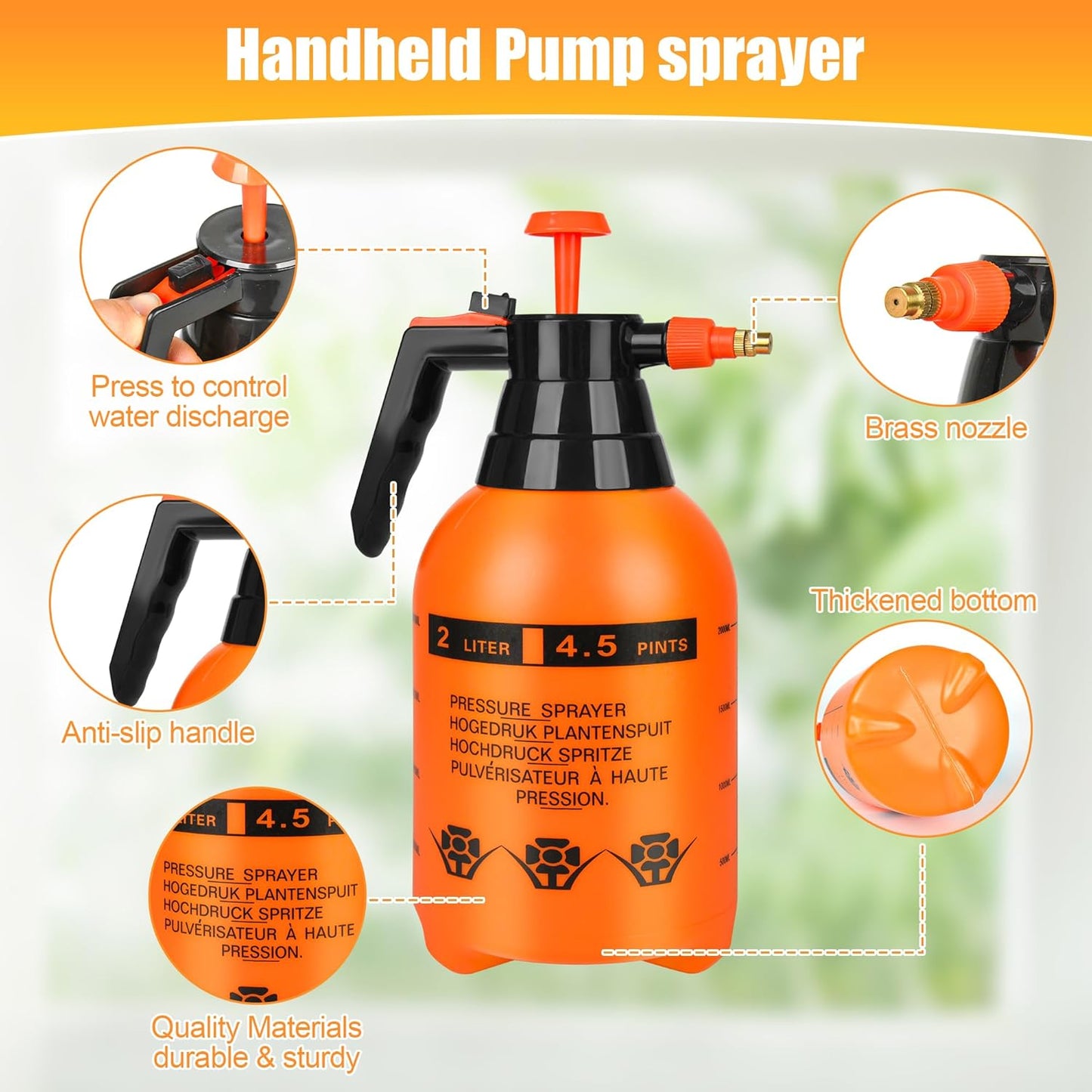 3 Pcs 1/2 Gallon Plastic Handheld Pump Sprayer – Garden Pressure Sprayer Bottle with Adjustable Nozzle for Plants, Cleaning, Household Tasks – Orange