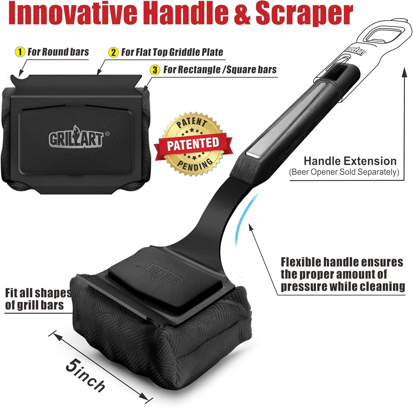 GRILLART Grill Brush Bristle Free. SteamWizards BBQ Replaceable Cleaning Head, Seamless-Fit Scraper Tools for Cast Iron/Stainless-Steel Grates Griddle, Safe Barbecue Grill Cleaner Brush-Dark Black