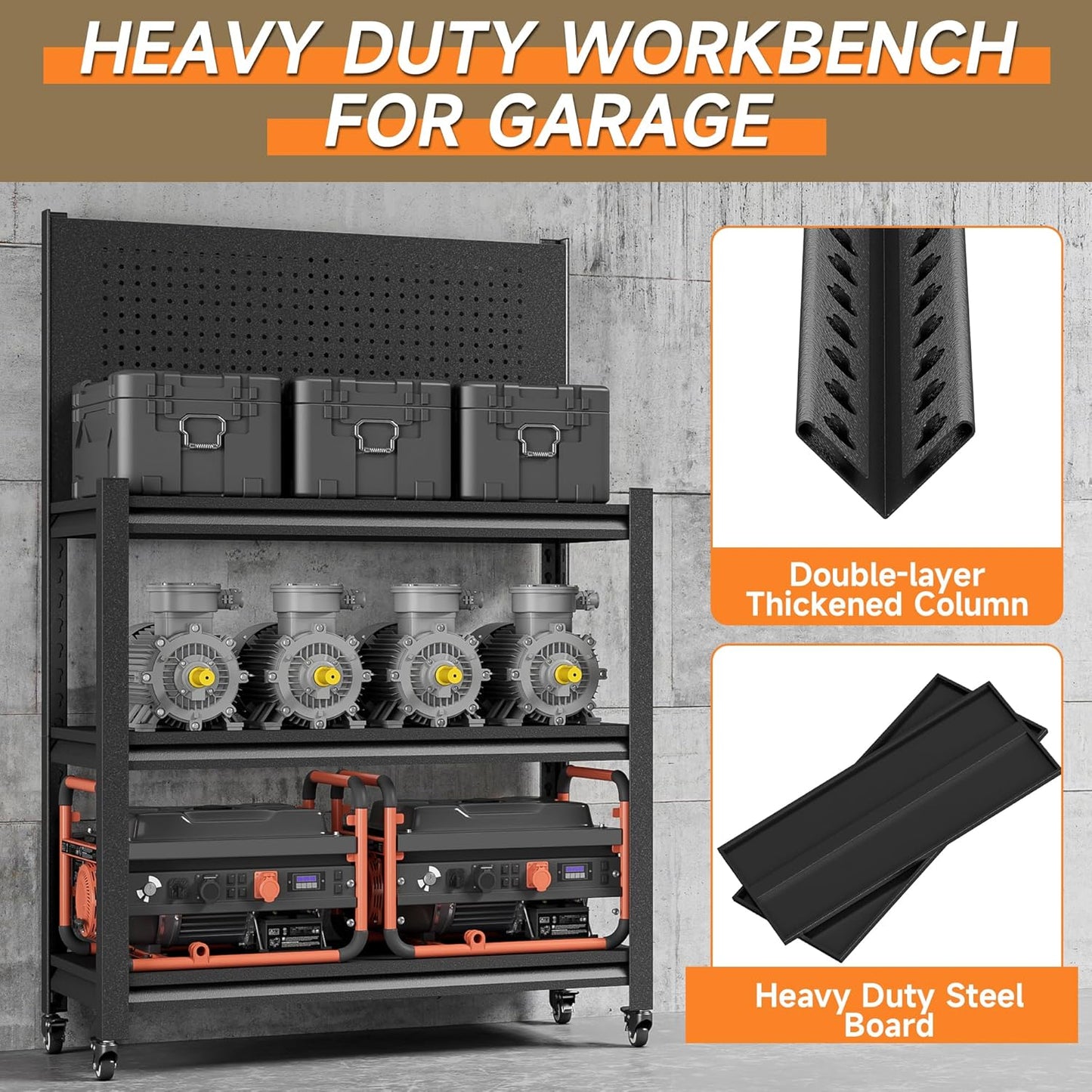 Workbench with Pegboard, Adjustable Heavy Duty Work Table with Wheels, Heavy Duty Workstation, Metal Tool Work Bench for Garage Warehouse Workshop, 48" H x 18" D x 34" W, Black