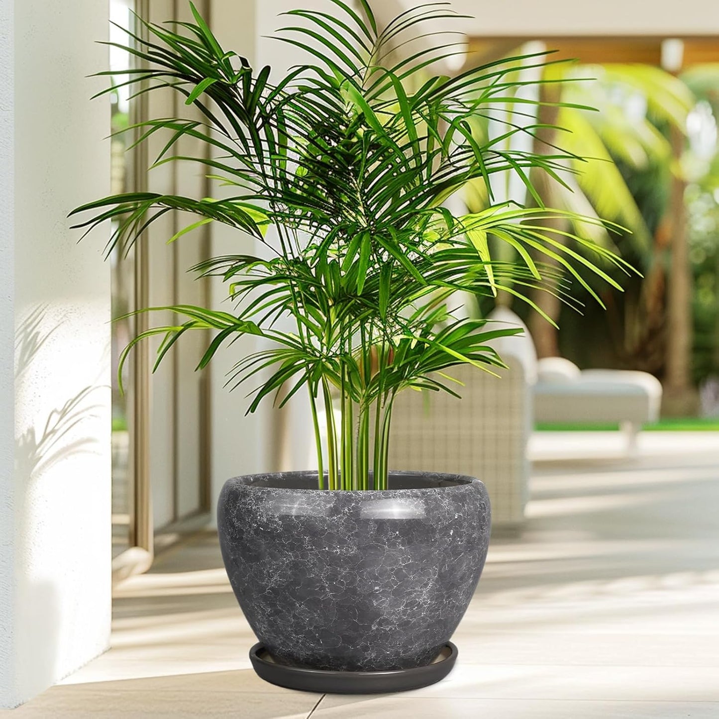 Ceramic Planters for Indoor Plants - 10 Inch Plant Pot with Drainage Hole and Saucer, Large Flower Pot for Home Decor, Gray