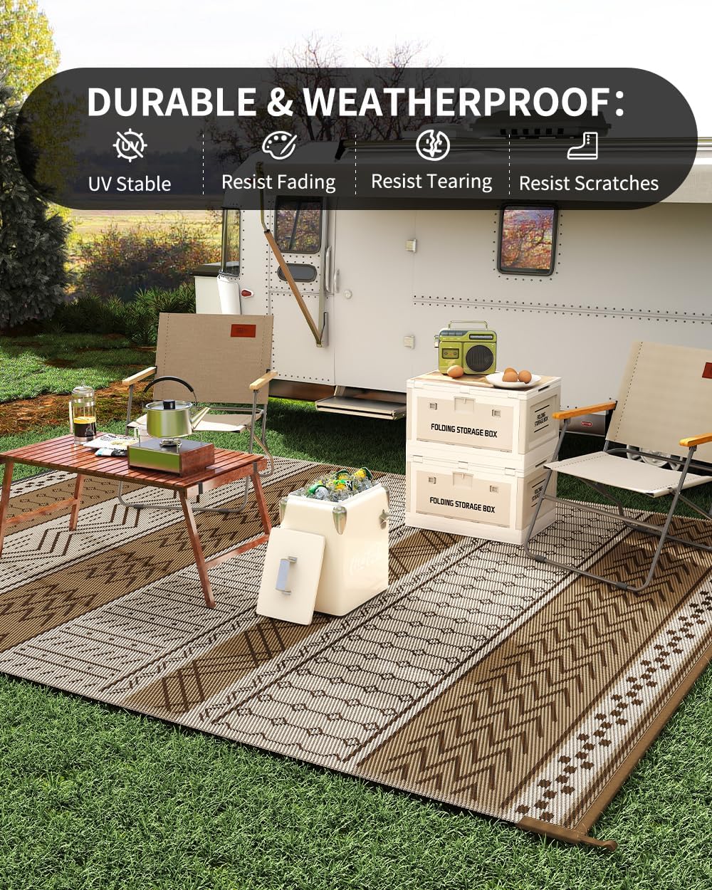 Outdoor Rug Carpet Waterproof 8x10 ft Patio Rug Mat Indoor Outdoor Area Rug for RV Camping Picnic Reversible Lightweight Plastic Straw Outside Rug for Patio Decor Decoration Boho Rug Brown Beige