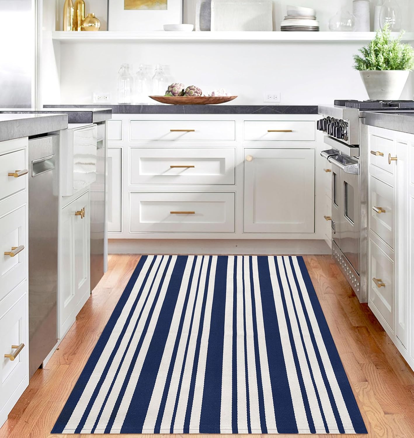 IOHOUZE Navy and White Striped Rug 4'x6' Outdoor Rugs, Washable Area Rug for Double Front Door, Large Patio Rug Outdoor Indoor, Doormat for Entryway Porch Entrance