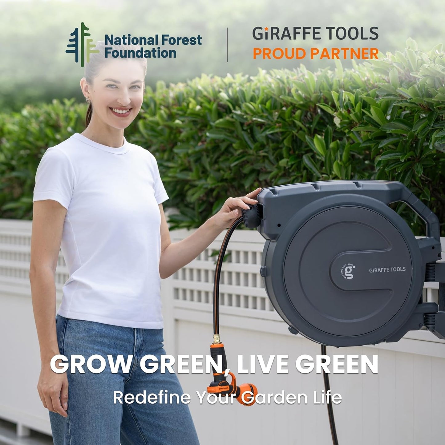 Giraffe Tools Retractable Garden Hose Reel 5/8 inch x 90 ft Hose Reels for Outside, Wall Mounted Water Hose Reel with 180 Deg Swivel Bracket, Any Length Lock, 9 Pattern Hose Nozzle