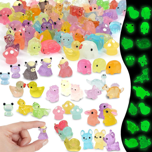 Mini Resin Animals Figures to Hide, 72 PCS Tiny Animal Figurines Small Plastic Animals Variety Pack Luminous Glow in The Dark, Little Ducks Miniature Dinosaurs for Fairy Garden Aquarium Decor