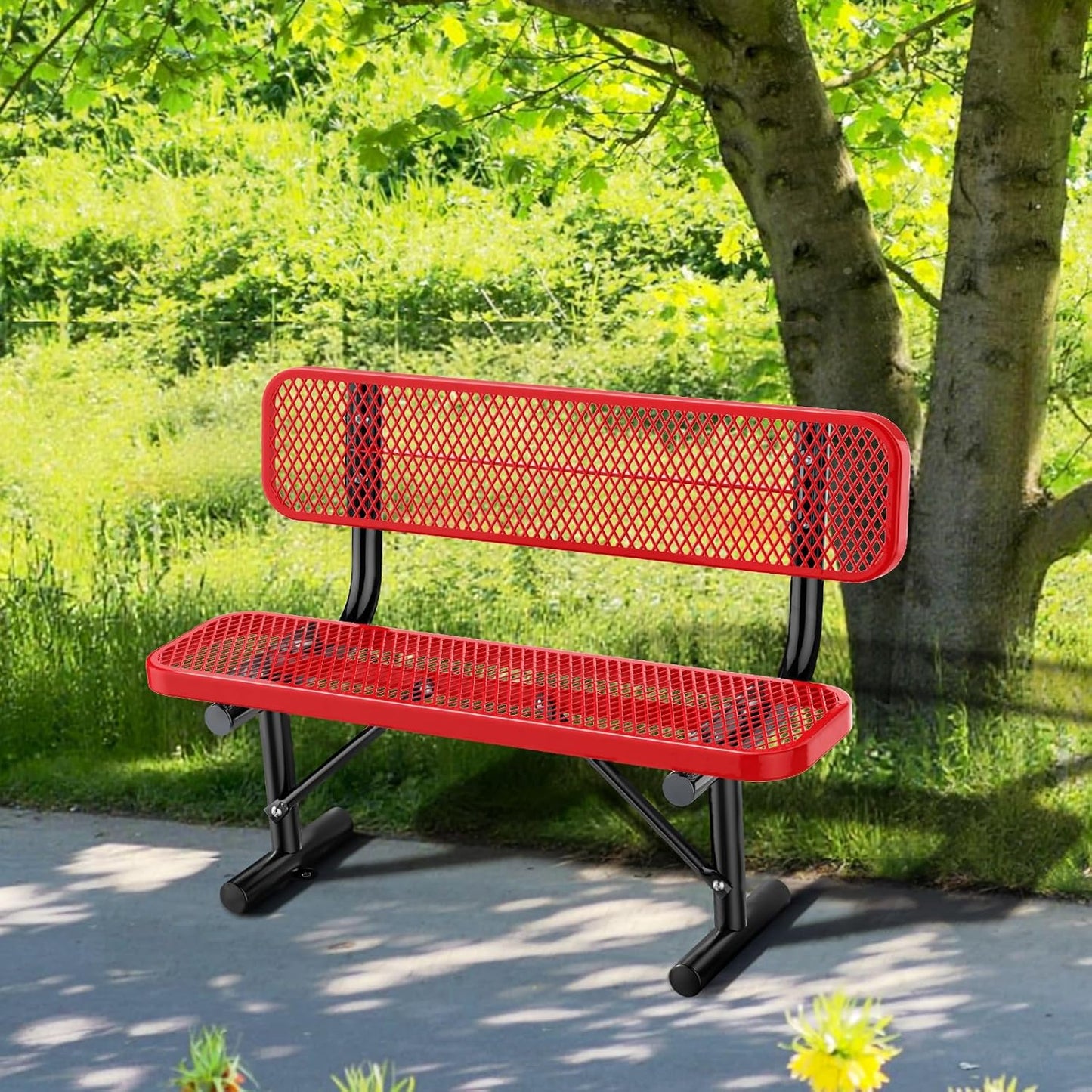 4 Feet Heavy Duty Park Bench with Back Portable Frame, Outdoor Steel Bench with Backrest, Expanded Metal Mesh Bench for Lawn, Park, Deck, Garden, Patio, Porch, Red