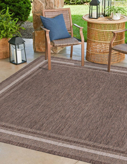 Unique Loom Outdoor Border Collection Area Rug - Soft Border (6' 1" Square Brown/Ivory)