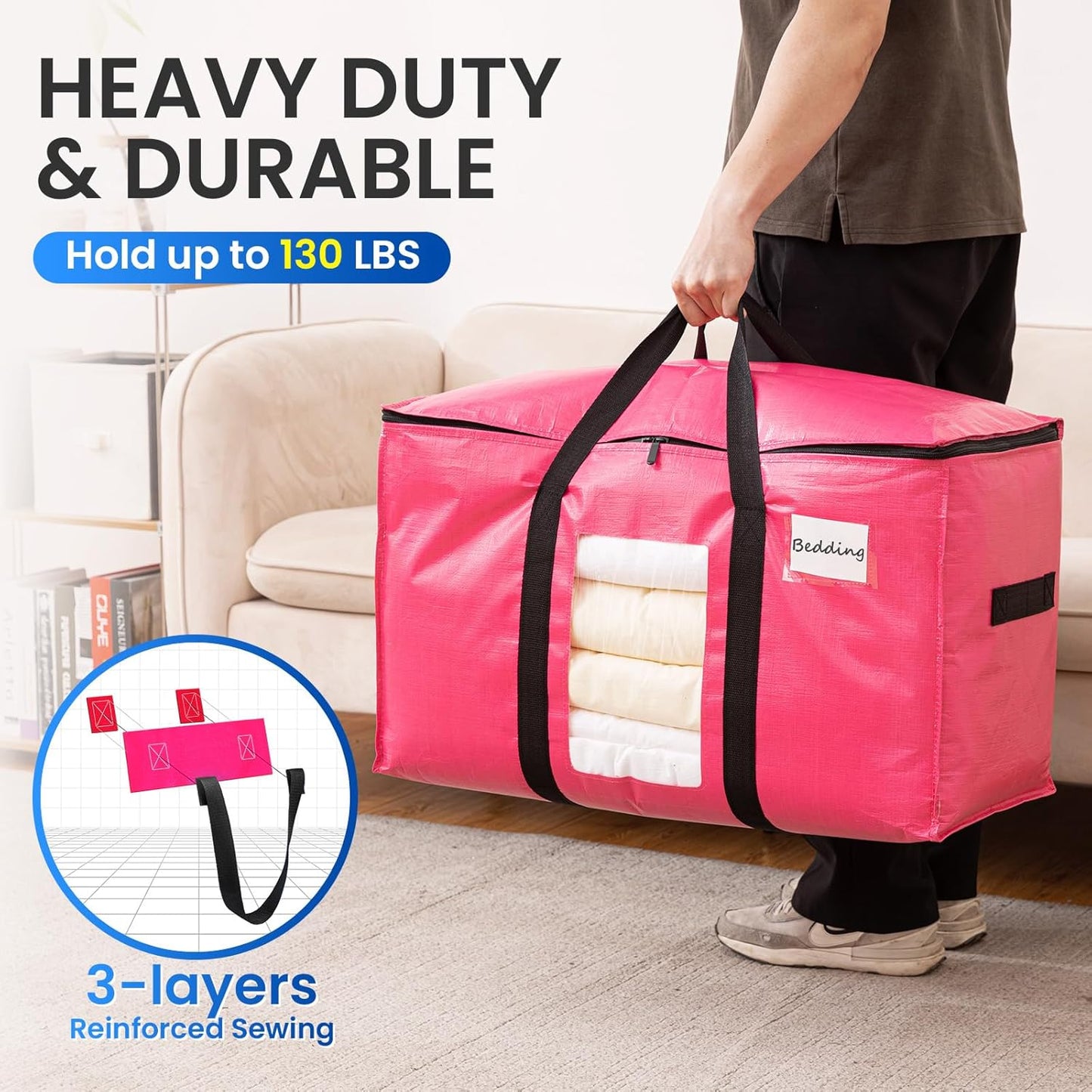 TAILI 4 Pack Pink Extra Large Moving Bags, Heavy Duty Totes with Visible Window, Wrap Around Handles, Great for Storage, Space-Saving