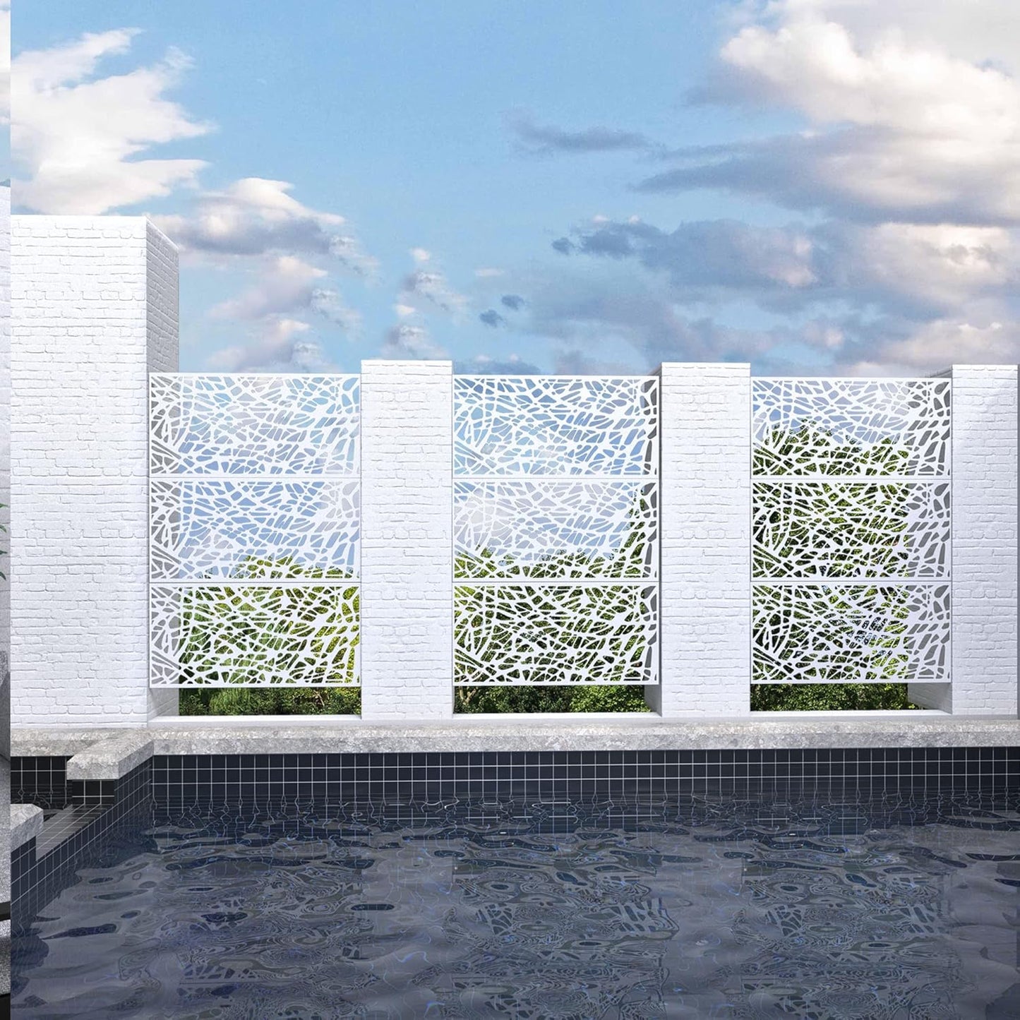 Metal Privacy Screen Outdoor 72" H×47" W,Freestanding Decorative Privacy Screen for Balcony Yard&Garden,Privacy Fence-White&Net