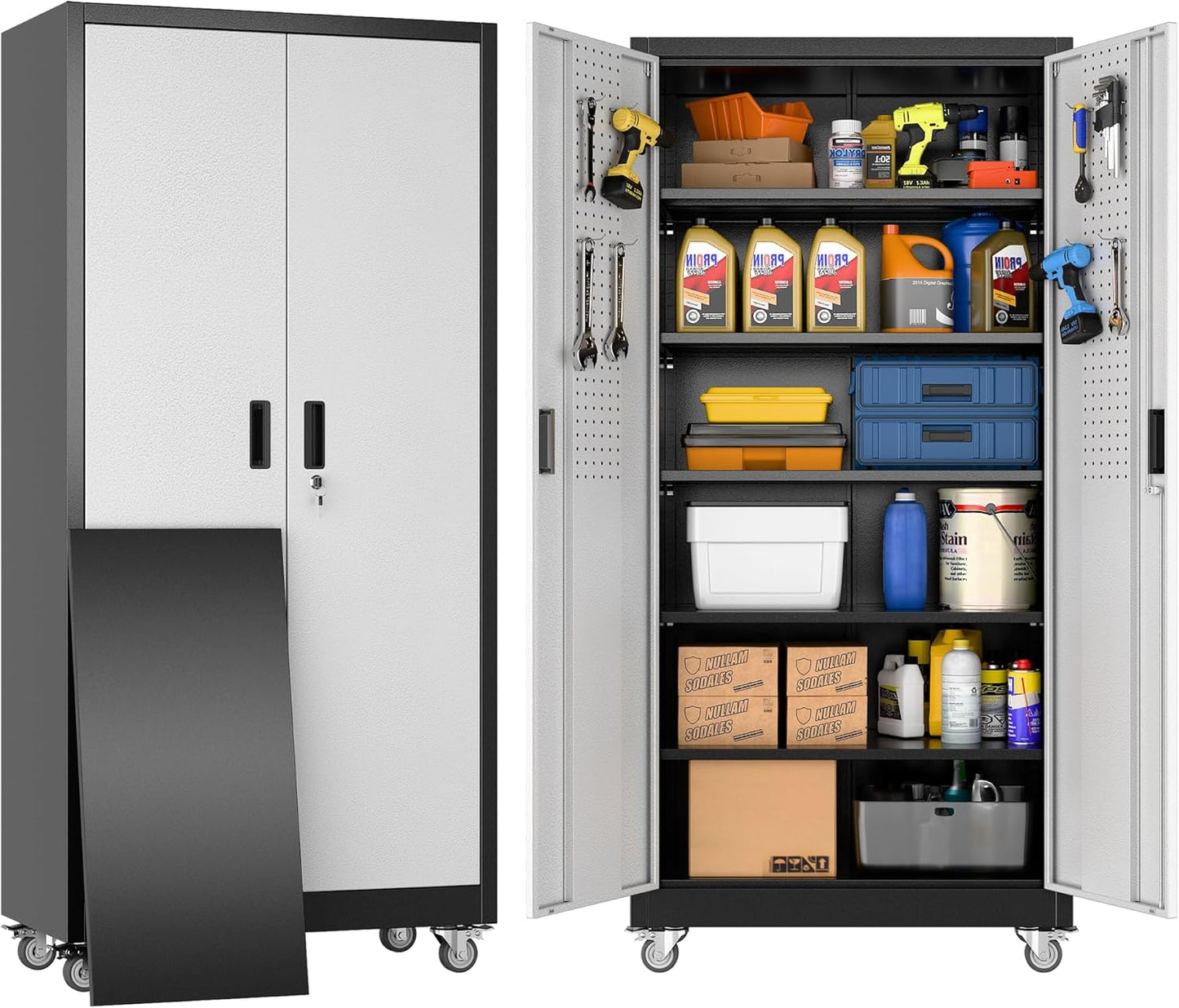 Upgraded Wide & Deep Metal Garage Storage Cabinet with Wheels & Pegboard, Lockable Metal Storage Cabinets with 2 Doors&5 Adjustable Shelves for Garage&Home,Assembly Required,Black Gray