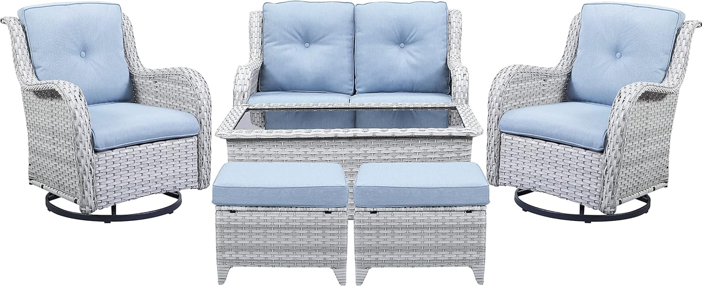 Wicker Outdoor Furniture Patio Furniture Set - 6 Piece Patio Conversation Set with Swivel Rocker Chairs, Loveseat Sofa, Ottomans and Coffee Table, Baby Blue Cushion