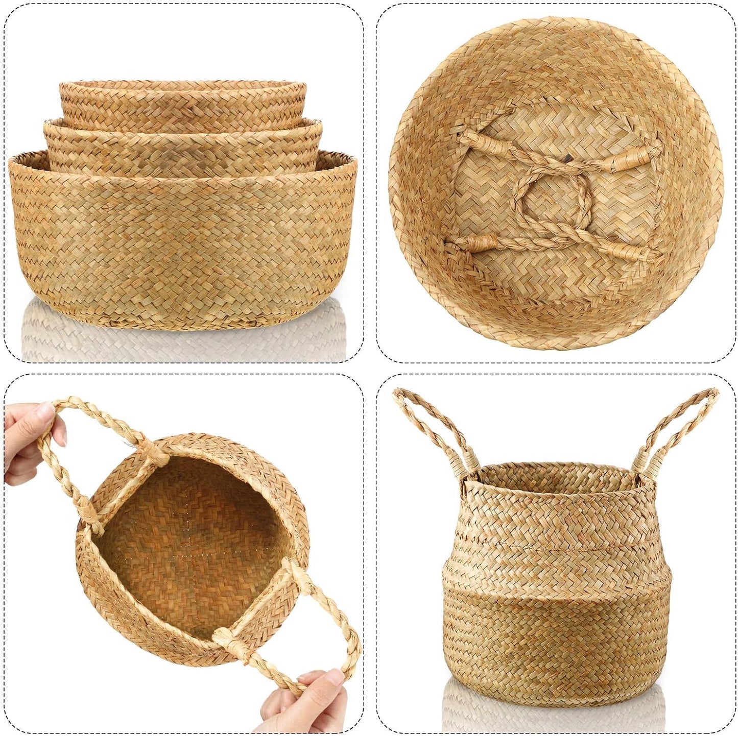Patelai 3 Set Seagrass Belly Storage Basket Woven Plant Pot Holder with Handles for Plants Picnic Grocery Laundry(Natural Color)