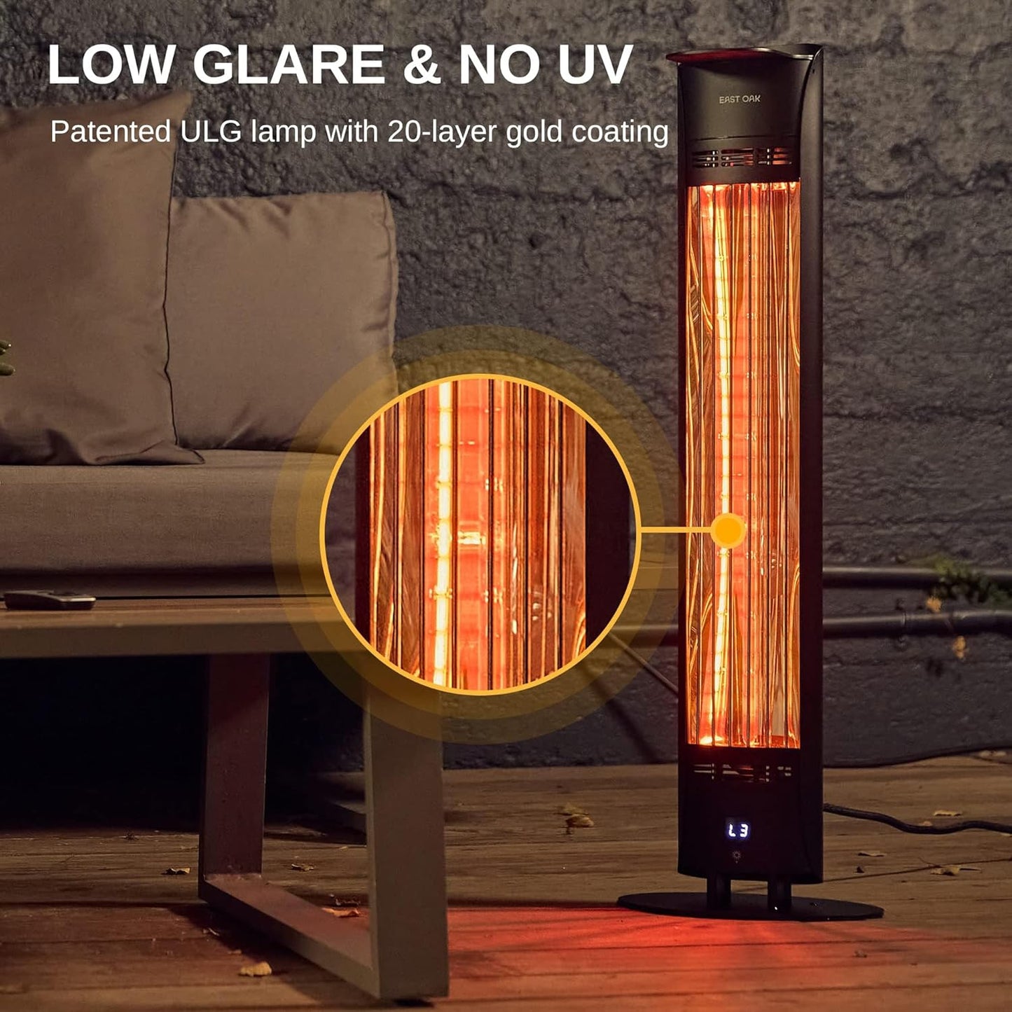 EAST OAK 1500W Electric Infrared Patio Heater, Indoor/Outdoor Tower Heater with Remote, 24H Timer, IP65 Waterproof, Tip-Over & Overheat Protection for Garage, Deck, Backyard