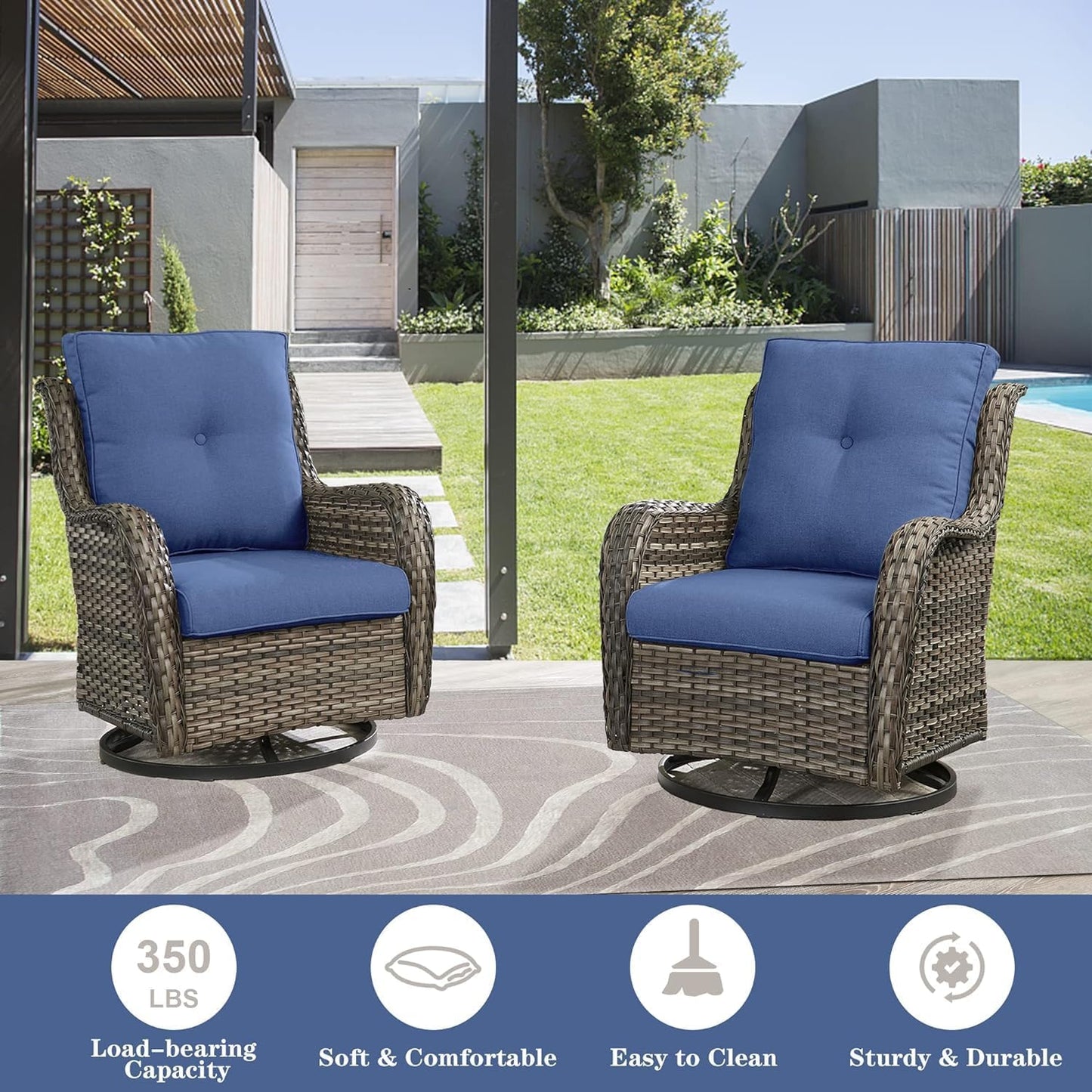 Wicker Patio Furniture Sets - 8 Piece Rattan Outdoor Furniture Conversation Sets with 4 Swivel Rocker Chairs, Rattan Sofa, Wicker Ottomans and Coffee Table, Mixed Grey/Blue