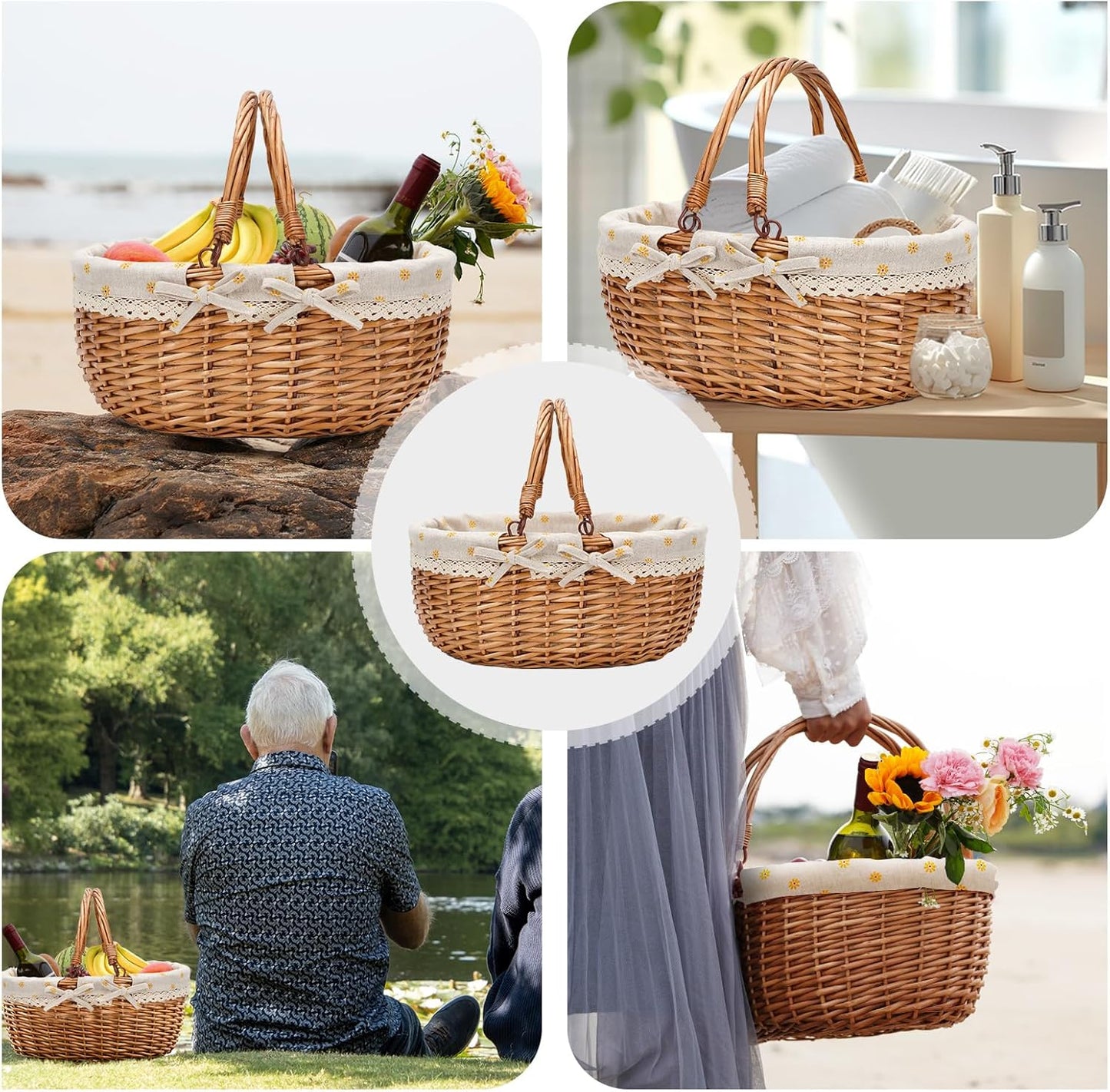 G GOOD GAIN Wicker Picnic Basket with Double Folding Handles,Willow Picnic Hamper,Natural Hand Woven Easter Basket,Easter Eggs and Candy Basket,Bath Toy and Kids Toy Storage,Gift Packing Basket.Yellow