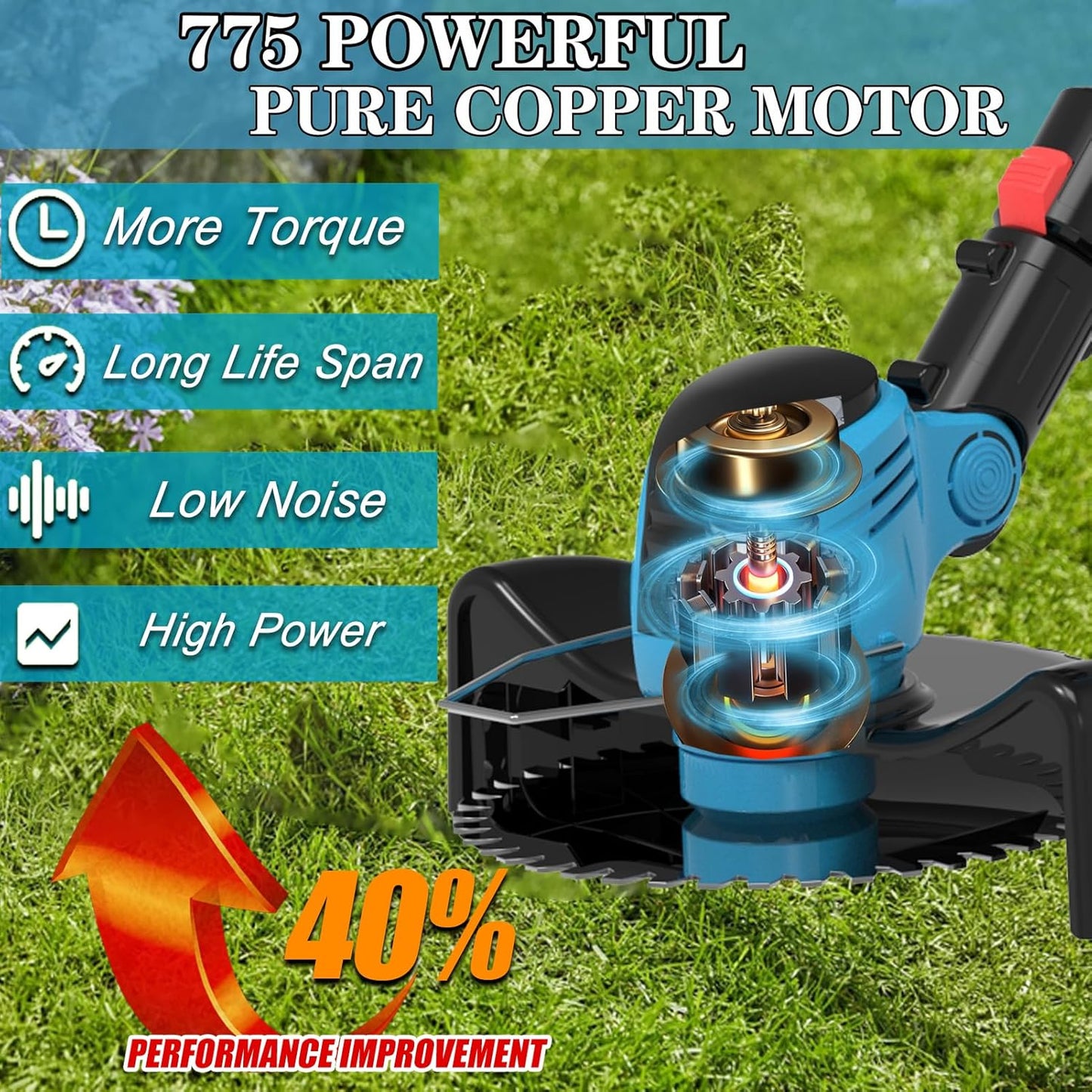 Electric Weed Wacker Cordless Eater Battery Powered Eater Lightweight Edger Portable Stringless Grass Trimmer/Lawn Mower/Brush Cutter, with 3 Types Blades & Wheels for Yard and Garden-Blue