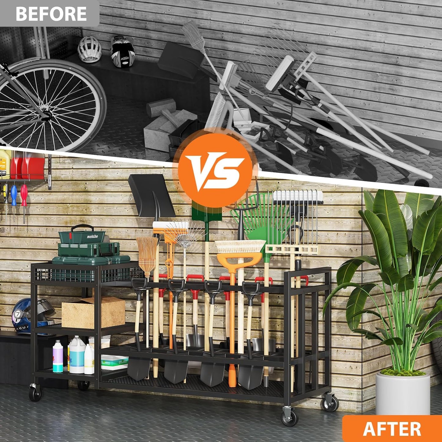 Garden Tool Organizer with Wheels-Movable Garden Tool Rack with Storage Hooks for Long-Handled Tools/Rakes/Brooms/Shovels,Heavy Duty Metal Garden Tool Storage for Garage,Shed,Garden,Black