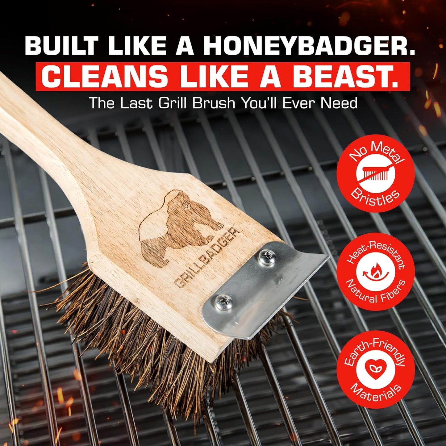 Natural Grill Brush Non Metal Bristles - Durable Non Metal Grill Brush Outdoor Grills Wooden Handle BBQ Cleaning Non-Wire High Temp Cleaner for Cast Iron Grates Safer Scrubber Tools by GRILLBADGER