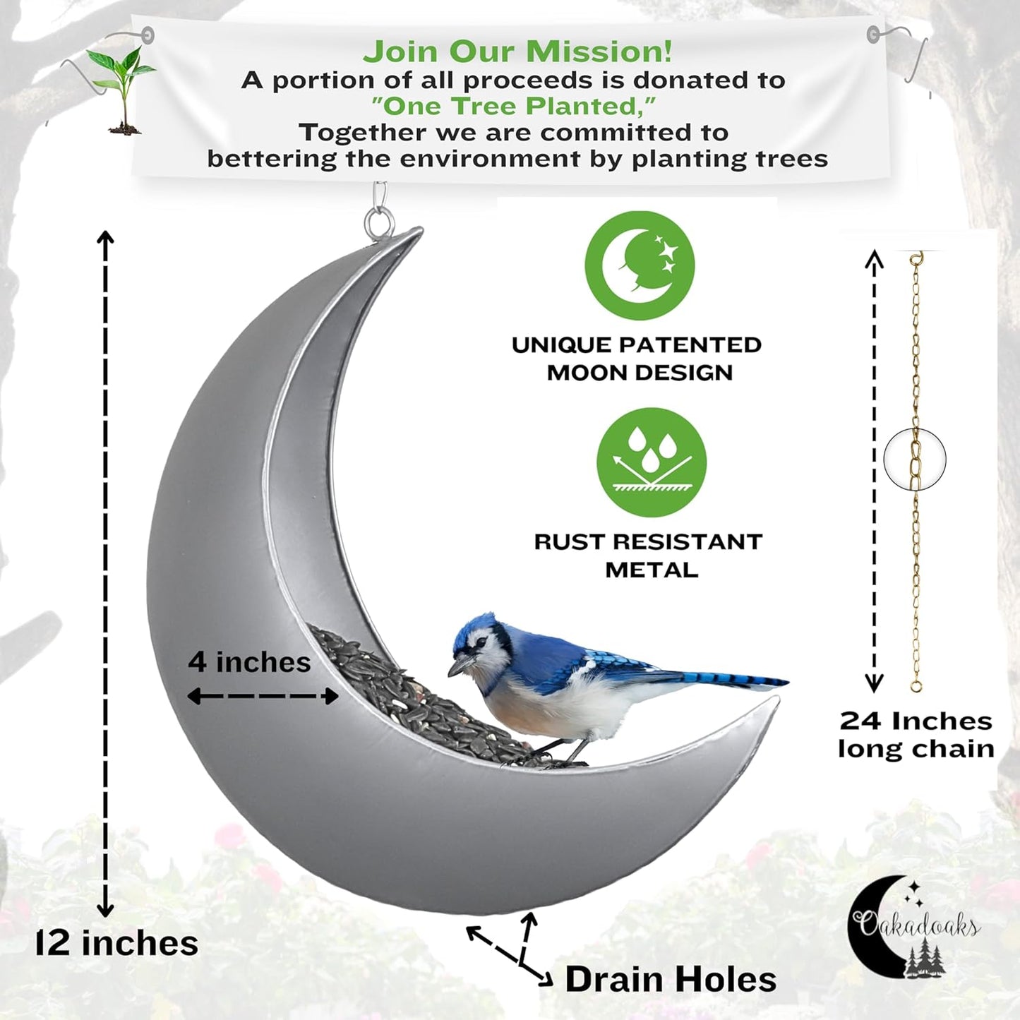 Hanging Moon Bird Feeder – Unique Metal Bird Feeders for Outdoors, Silver Rust-Resistant, Drain Holes – Wild Bird Feeder for Bluebirds, Cardinals, Finches, and Backyard Birdwatching