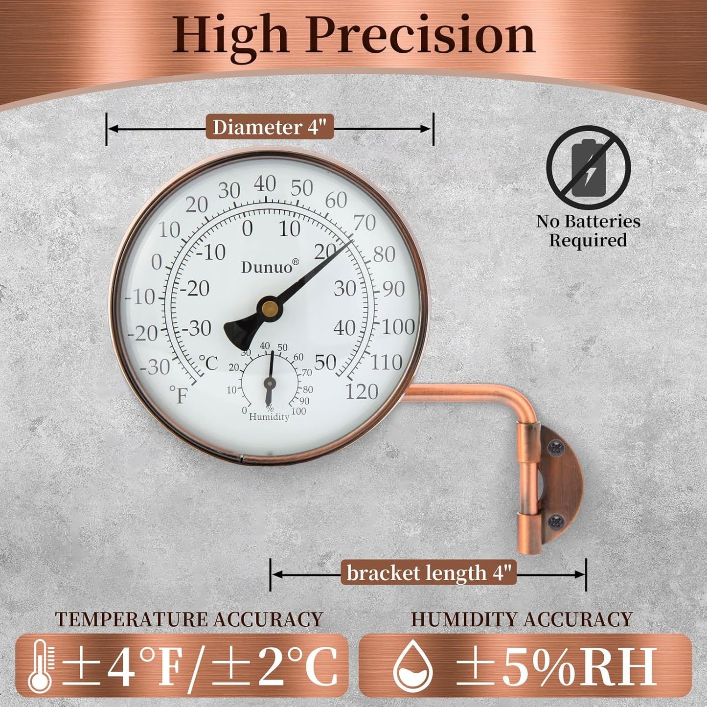 4-Inch Copper Outdoor Thermometer - Analog Temperature Gauge for Patio, Greenhouse and Garage. Decorative, Weather-Resistant, Solid Brass Swivel Design (4inch Thermo&Hygrometer)