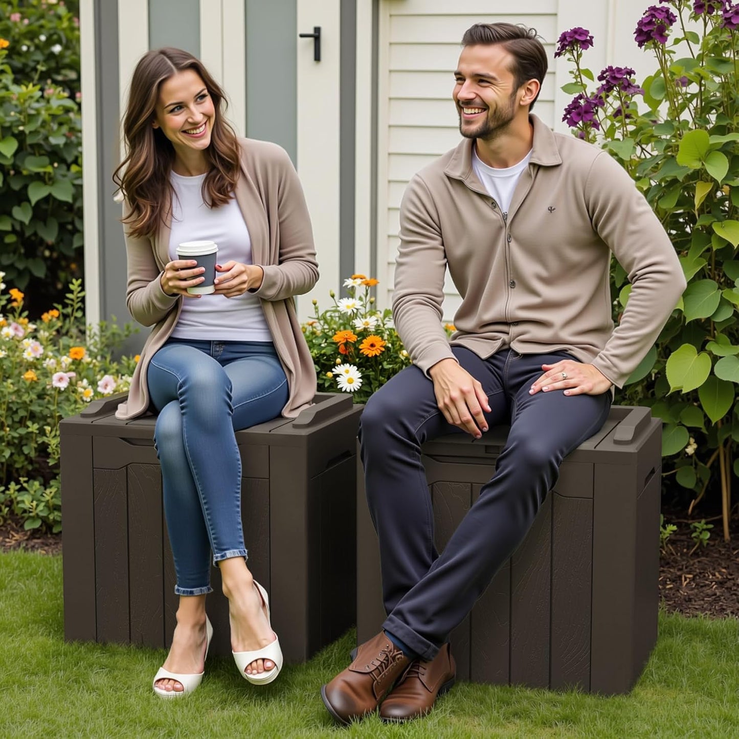 Greesum 31 Gallon Deck Box for Outside, All Weather Outdoor Storage Boxes for Patio Furniture Set, Package Delivery Box, Garden Tools, Brown(Set of 2)