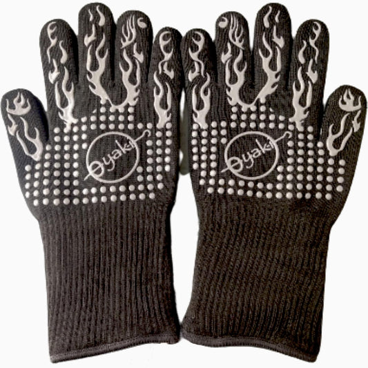 Insulated BBQ Heat Resistant Gloves - Neoprene & Polyester Barbecue Grilling Gloves with Silicone Pads for Gas Grill & Charcoal Grills Outdoor Cooking - 1400°F High Heat Fire BBQ Mittens by O-Yaki