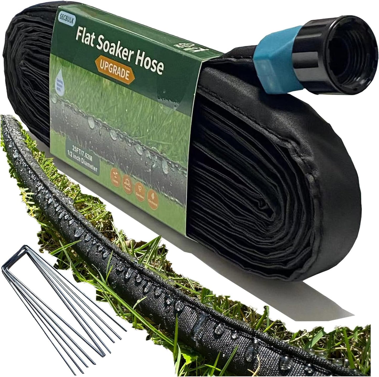 2025 Flat Soaker Hose 25 ft with Stakes for Garden, 25ft Linkable Drip Hose Diy Garden Irrigation System Saving 80% Water, Dual-layer Leak-free Design Water Hose with Holes