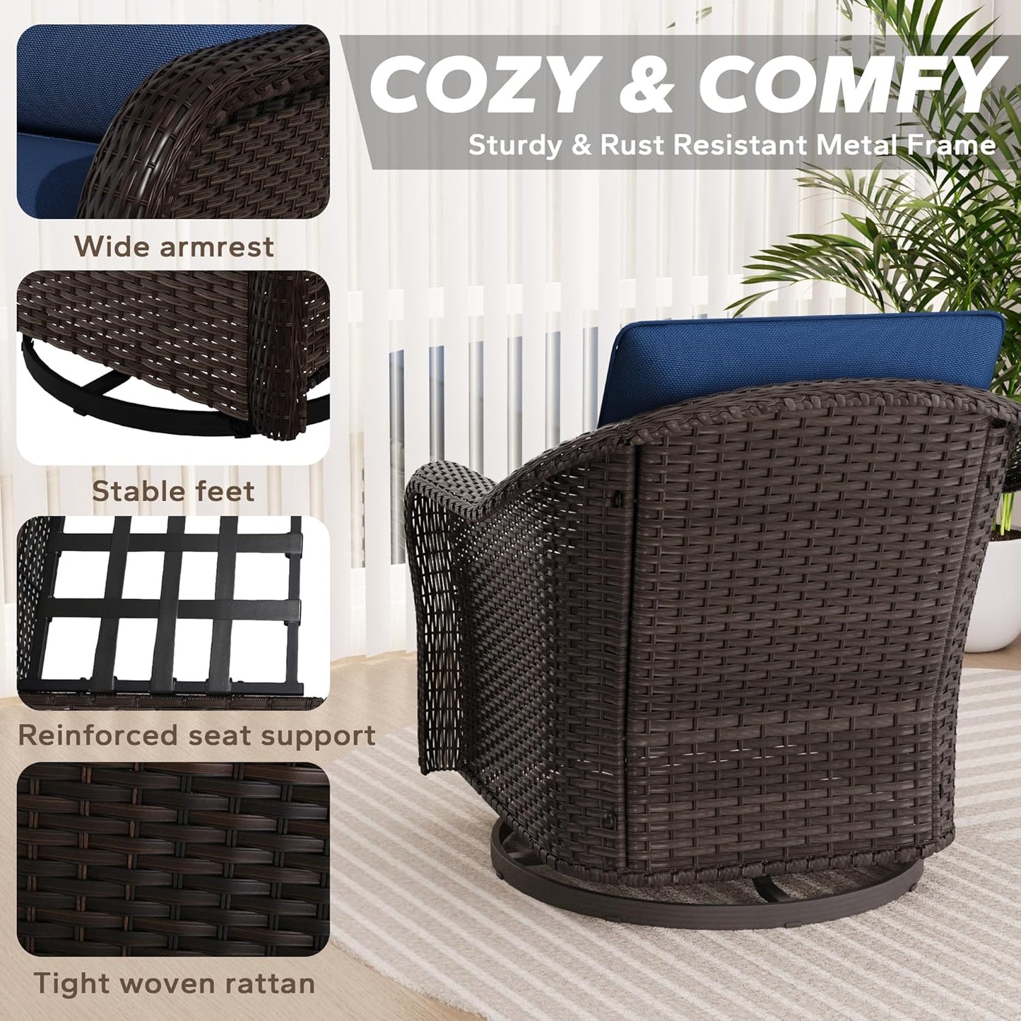 Outdoor Wicker 360 Degree Swivel Glider Rocker Chairs Set, Patio Conversation Furniture Set with Washable Cushions for Garden, Poolside (Navy Blue)