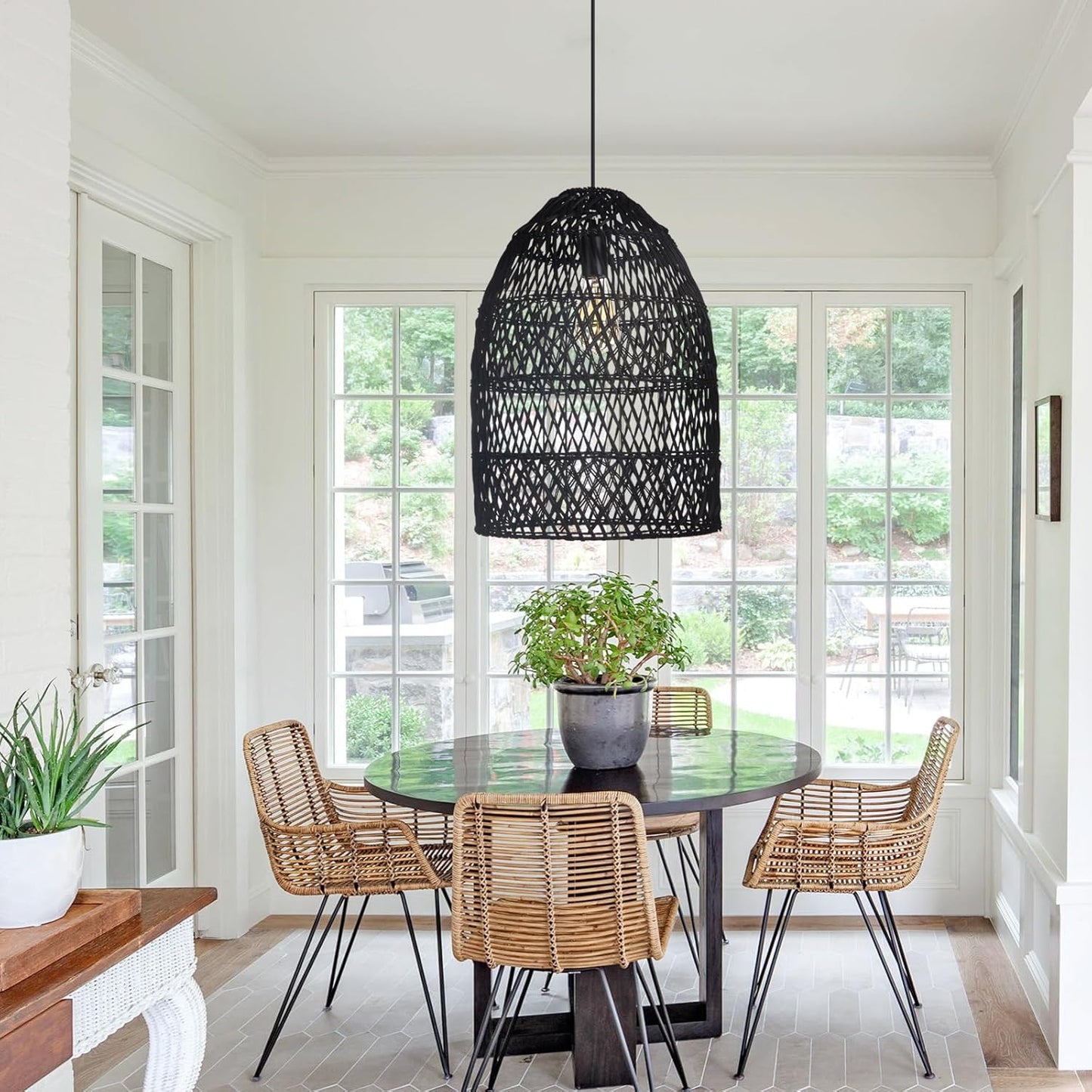 Arturesthome 1 Light Rustic Rattan Basket Pendant Light Boho Wicker Chandelier Coastal Handmade Crafts Lampshade, Farmhouse Hanging Ceiling Lighting for Dining Kitchen Island Black 13.75in*19.68in