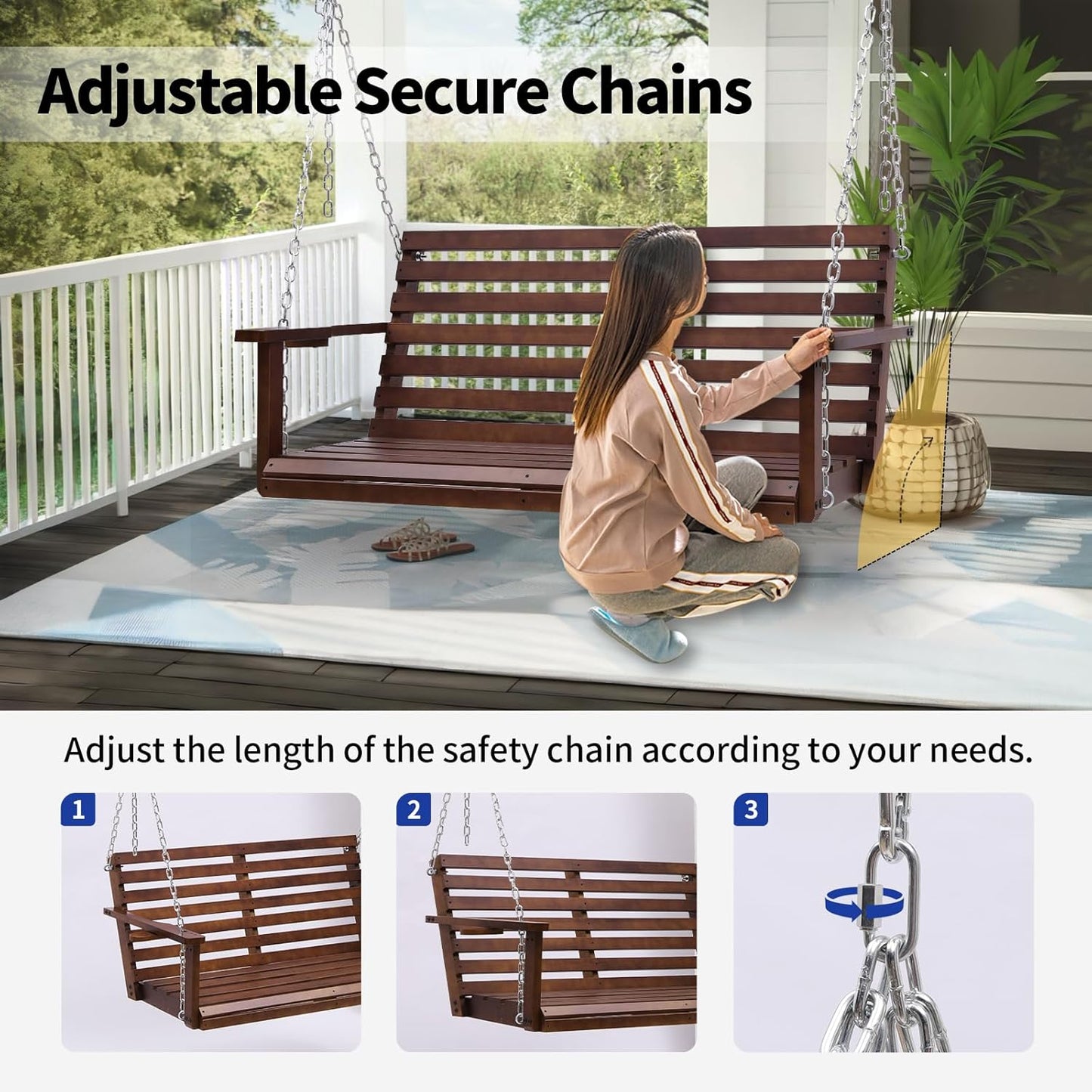 Wooden Porch Swing with Cup Holder, Outdoor Patio Swing Bench for Courtyard & Garden, Upgraded 4 FT Heavy Duty 880 LBS Porch Swing, Outdoor Swing with Hanging Chains, Brown