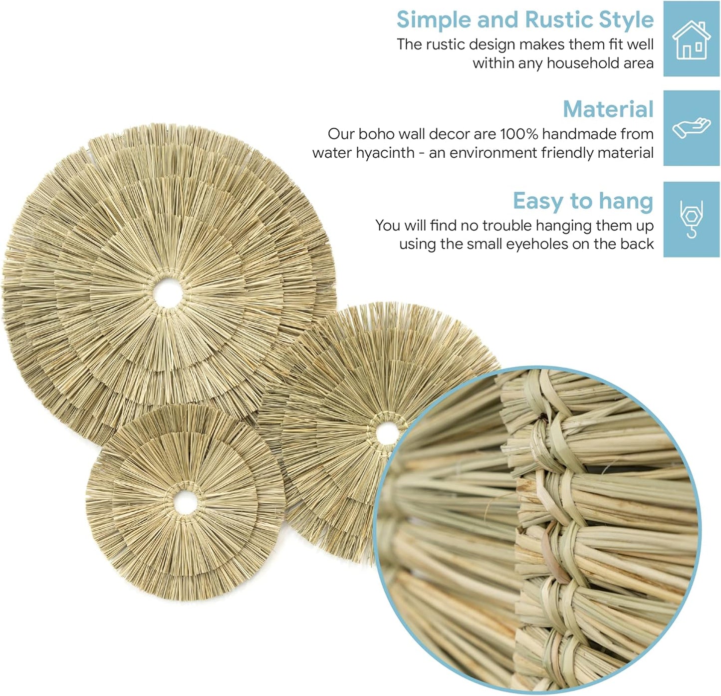 VATIMA Boho Wall Décor – Simple Oversized Wall Basket Décor for Home and Office – Seagrass Wicker Basket Wall Décor Set – 3pcs Flat Baskets – Easy to Hang – Handmade Design – Small/Medium/Large
