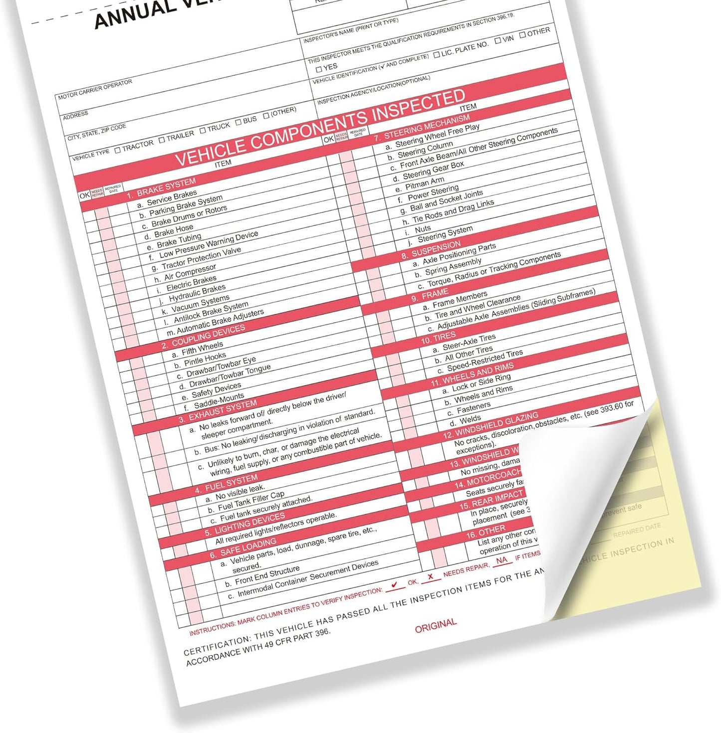 Annual Vehicle Inspection Report Form 5-pk 3-Ply Carbonless,8.5" x 11.75" + Label Aluminum,Permanent Adhesive 6" x 3.5"