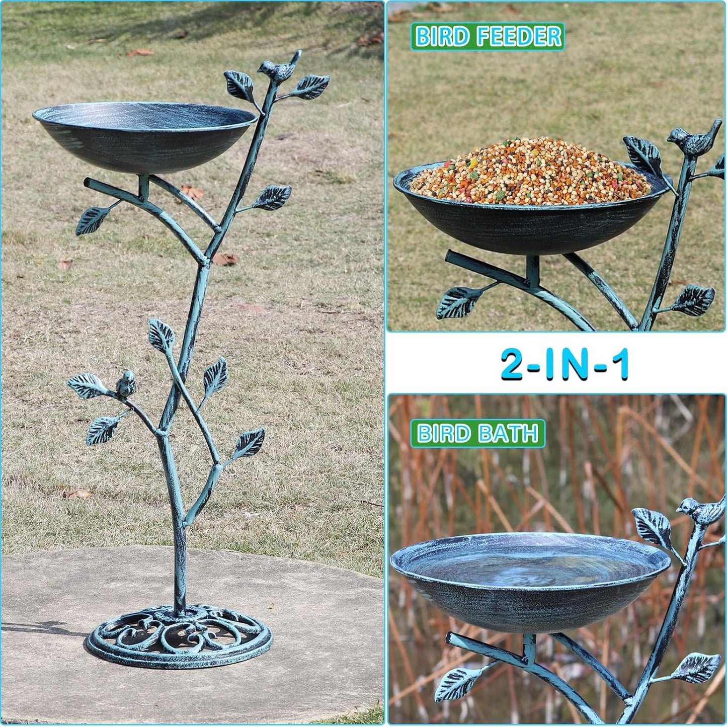 11.4" W x 31" H Cast Iron Pedestal Bird Bath, Birdbaths for Outdoors,Bird Bath for Outside,Vintage Metal Bird Bath Garden Yard Decor