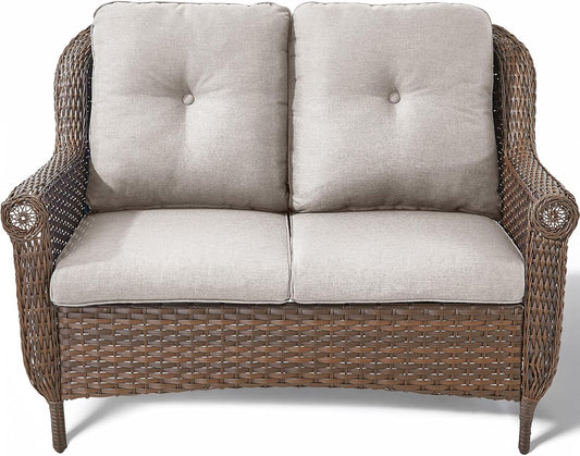 Patio Loveseat Outdoor Wicker Sofa - Heavy Duty All-Weather Brown Rattan 2-Person Sofas with High Back and Comfortable Thick Cushions for Garden Back Porch Poolside Apartment - Beige